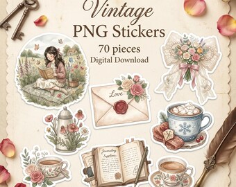 Vintage PNG Aufkleber - 70 digitale Journal Aufkleber, druckbare PNG-Downloads