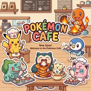 以下が含まれることがあります： カラフルなイラストのポケモンカフェ。ピカチュウやヒトカゲなど、様々なポケモンキャラクターがカフェのシーンに登場します。「Pokémon Cafe」の文字が大きく表示され、「Now Open! Welcome to the Pokémon Café.」の文字も含まれています。