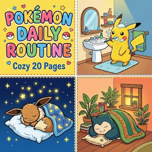 Pode incluir: Ilustração colorida do livro "Pokémon Daily Routine" com o texto "Cozy 20 Pages". A imagem apresenta Pikachu escovando os dentes, Eevee dormindo sob um cobertor estrelado e Snorlax descansando sob um cobertor.