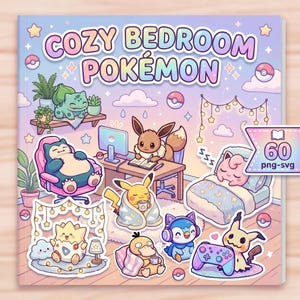 以下が含まれることがあります： パステルカラーの「Cozy Bedroom Pokémon」というタイトルの正方形の表紙。表紙には、ピカチュウ、イーブイ、カビゴンなど、さまざまなポケモンのキャラクターが寝室の環境に描かれています。この本には60枚のPNG-SVG画像が含まれています。