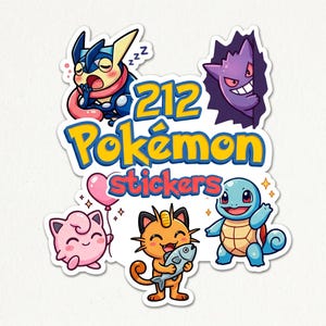 Puede incluir: Un conjunto de pegatinas Pokémon coloridas con personajes como Greninja, Gengar, Squirtle, Meowth y Jigglypuff. El texto "212 Pokémon Stickers" también está presente.