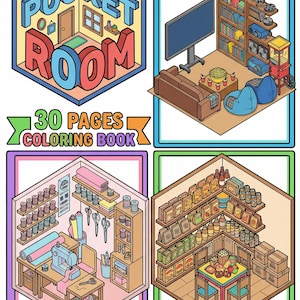 May include: A coloring book titled "Pocket Room" with 30 pages, featuring isometric illustrations of various rooms. The rooms include a living room, a sewing room, and a pantry, all in a colorful, cartoon style.