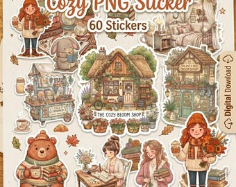 Cozy PNG Stickers - 60 niedliche digitale Aufkleber für Journaling, 60 Seiten