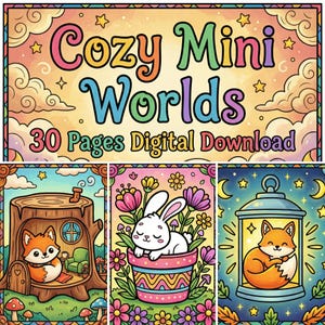 Libro para colorear "Mini Mundos Acogedores" – Pequeños y adorables mundos para niños, 30 páginas.