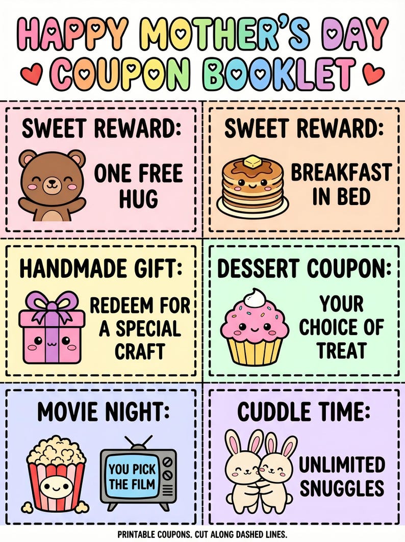 Mothers Day Coupon Book – Printable Coupons for Mom, Kids Coloring and ...