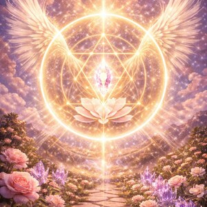 Pode incluir: Ilustração digital de uma cena espiritual com um círculo dourado brilhante, asas e um cristal central. Um caminho leva através de um jardim de rosas cor-de-rosa e formações de cristal, banhado em luz suave.