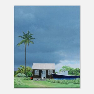 May include: An oil painting showing a small, brown house with a white roof and windows, a palm tree, and a blue boat on a grassy area under a cloudy sky. The artwork suggests a coastal or tropical setting.