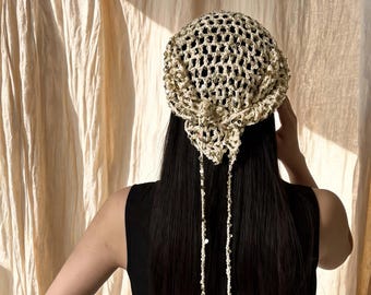 Pañuelo triangular de ganchillo hecho a mano para mujer – Diadema estilo bandana boho, pañuelo vintage francés, turbante de verano Y2K, accesorio para el cabello para festivales