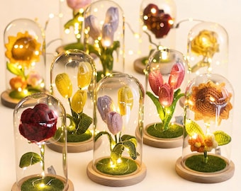 Handmade Crochet Flower Dome Lamp, Tulip Rose Sunflower LED Night Light