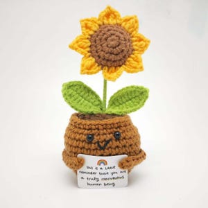 Peut inclure: Un tournesol crocheté dans un pot marron avec un visage souriant. Le tournesol a des pétales jaunes et un centre marron. Le pot porte une pancarte qui dit : « ceci est un petit rappel que vous êtes un être humain vraiment merveilleux ».