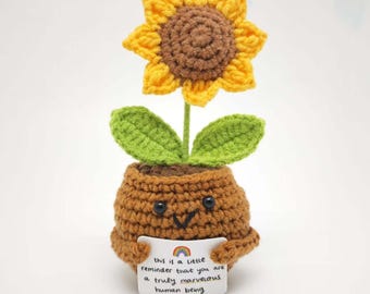 Crochet Sunflower Pot, Smiling Flower Desk Decor, Teacher Appreciation Gift, Boho Yarn Art
