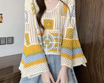 Boho oma vierkant gehaakt vest, lichtgewicht open gebreide zomerstrandkimono