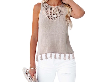 Boho gebreide tanktop dames, vest met gehaakte franje, holle gebreide strand casual trui