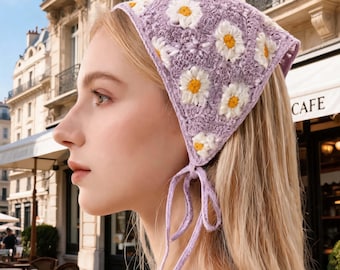Gehaakte driehoekige hoofdsjaal met madeliefjes – Boho French Vintage haarwikkel, katoenen bandana