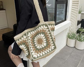 Oma Vierkante Gehaakte Draagtas Boho Schoudertas Grote Capaciteit Handgemaakte Gehaakte Tas Cottagecore Esthetisch Gebreide Shopper Vrouwen