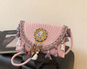 Boho clutch van geweven stro met kwastjes | Handgemaakte etnische crossbody schoudertas | Vintage strandtas zomer boho handtas