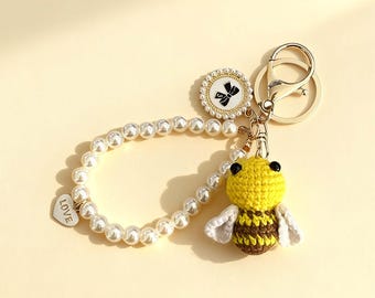 Gehaakte bij-sleutelhanger, tashanger met parelkraal, amigurumi-accessoire