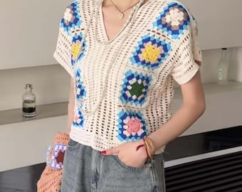 Boho gehaakte oma vierkante top, vintage gebreide blouse, lichtgewicht zomerstrandshirt
