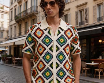 Gehaakt gebreid poloshirt heren, retro zomershirt Diamond Grandma Square
