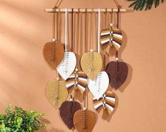 Muurhanger macraméblad, boho Scandinavische vezelkunst, geweven tapijt, botanisch accent
