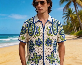 Gehaakt holgebreid overhemd heren poloshirt met korte mouwen | Zomerstrand bohovest met knoopsluiting | Vintage vakantieresort-shirt