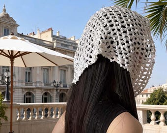 Handgemaakte gehaakte driehoekige hoofddoek – boho-bandana, Franse vintage hoofddoek, Y2K-haarwikkel