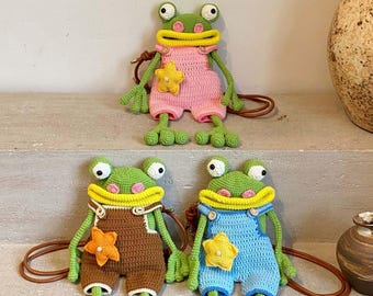 Handgemaakte gehaakte tas met kikker, kawaii-tas met dierenprint, Cottagecore-schoudertas