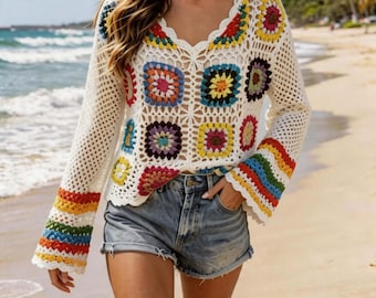 Handmade Boho Crochet Granny Square Sweater: Colorful Hollow Knit Beach Cover-Up
