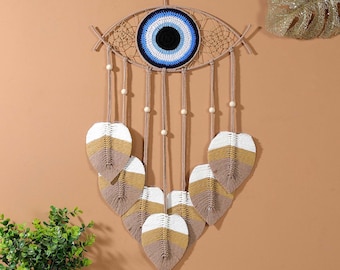 Boho macramé boze oog muurhanger, blauw tapijt, veren kwastjes, beschermingskunst