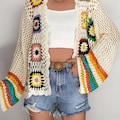 Boho Crochet Cardigan, Rainbow Granny Square Sweater, Handmade Open Knit Cardigan, Vintage Festival Jacket, Color Block Bohemian Top