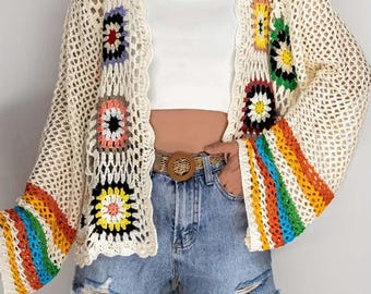 Boho Häkeljacke, Regenbogen Oma Quadrat Pullover, Handgefertigte Offene Strickjacke, Vintage Festival Jacke, Farbblock Boho Top