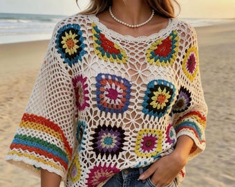 Boho gehaakte bloementop, gebreide blouse met kleurvlakken, strandkleed met 3/4 mouw