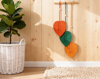 Muurhanger macraméblad, geweven wandtapijt, Scandinavische botanische vezelkunst