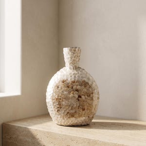 Op de afbeelding: Een ronde vaas met een smalle hals, volledig bedekt met kleine, overlappende, gebroken witte en lichtbruine schelpachtige stukjes. De oppervlaktestructuur wordt gecreëerd door de gelaagde rangschikking van deze individuele ronde elementen, die een consistent patroon vormen over de gehele buitenkant van de vaas.