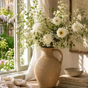 Large Rustic Ceramic Vase, Farmhouse Decor Vase, Handmade Vintage Style Pottery, Wabi Sabi Home Decor, Neutral Flower Vase