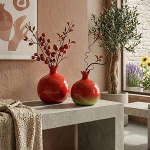 Handmade Ceramic Pomegranate Vase  Choose Vibrant Red or Red with Green Base  WabiSabi Zen Desk Decor  Modern Minimalist Hydroponic Bud Vase