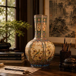 Peut inclure: Un vase hexagonal en cloisonné orné d'un motif détaillé de fleurs et d'oiseaux sur fond crème, avec des motifs en émail bleu, vert et rouge, et un col haut et fin, posé comme pièce décorative sur une surface en bois sombre.