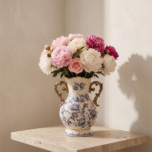 Könnte beinhalten: Eine cremefarbene Keramikvase mit zwei verzierten goldfarbenen Henkeln und einem blauen Blumenmuster, gefüllt mit einem großen Strauß frischer Pfingstrosen in Weiß, Hellrosa und Dunkelmagenta, mit geschichteten Blütenblättern und grünen Stielen.
