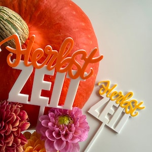 Könnte beinhalten: Zwei Tortenstecker mit dem deutschen Schriftzug "Herbst ZEIT" in geschichtetem Design. Das Wort "Herbst" ist in orangefarbener Schreibschrift und "ZEIT" in weißen Blockbuchstaben gehalten. Die Stecker sind mit einem Kürbis und Dahlien dekoriert.