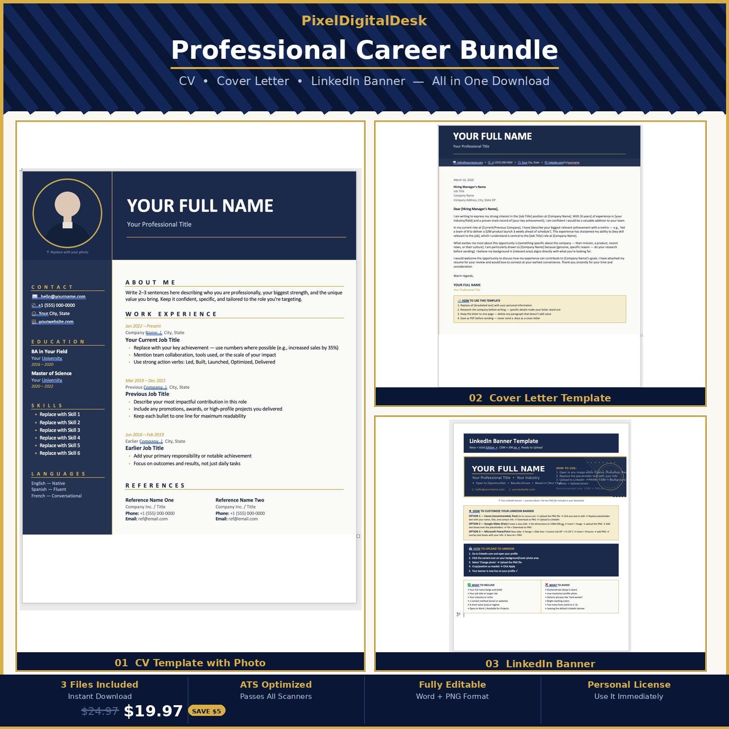 ATS Resume Template Bundle | Professional CV Canva Cover Letter ...