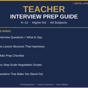 May include: A navy blue digital download titled "Teacher Interview Prep Guide." The guide includes sections on interview questions, demo lesson structure, portfolio prep, salary negotiation, and standout questions. The text is in white and gold.