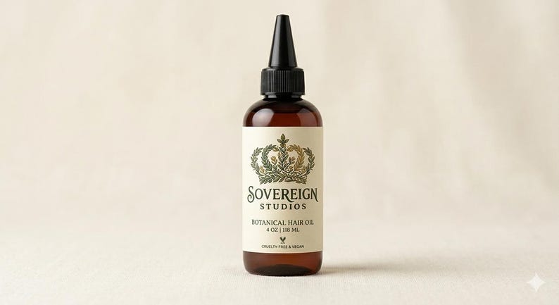 May include: A brown glass bottle of Sovereign Studios Botanical Hair Oil, 4 fl oz (118 ml). The bottle has a black cap and a label with a crown design and the words "Sovereign Studios" and "Botanical Hair Oil". The label also states the product is cruelty-free and vegan.