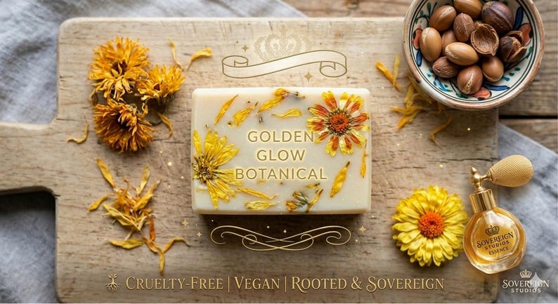 May include: A rectangular bar of soap with the text "GOLDEN GLOW BOTANICAL" and embedded yellow flowers and petals. The soap is on a wooden cutting board with dried flowers, a bowl of nuts, and a perfume bottle. The text "CRUELTY-FREE | VEGAN | ROOTED & SOVEREIGN" is at the bottom.