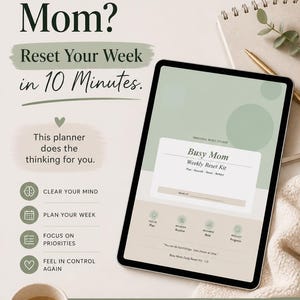 May include: Digital planner for busy individuals, featuring a tablet displaying a weekly reset kit. The image includes a coffee mug, notebook, and text: "Less stress. More you." and "Reset Your Week in 10 Minutes."