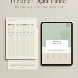 May include: A digital planner with the text "Printable + Digital Planner" and "Use it your way - print or use on your iPad." The image shows a printed weekly planner and a tablet displaying a "Busy Mom Weekly Reset Kit."
