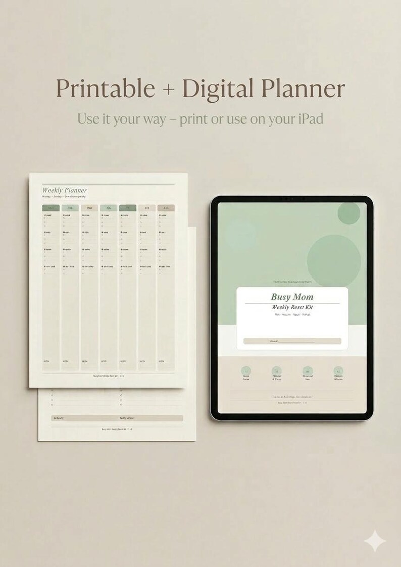 May include: A digital planner with the text "Printable + Digital Planner" and "Use it your way - print or use on your iPad." The image shows a printed weekly planner and a tablet displaying a "Busy Mom Weekly Reset Kit."
