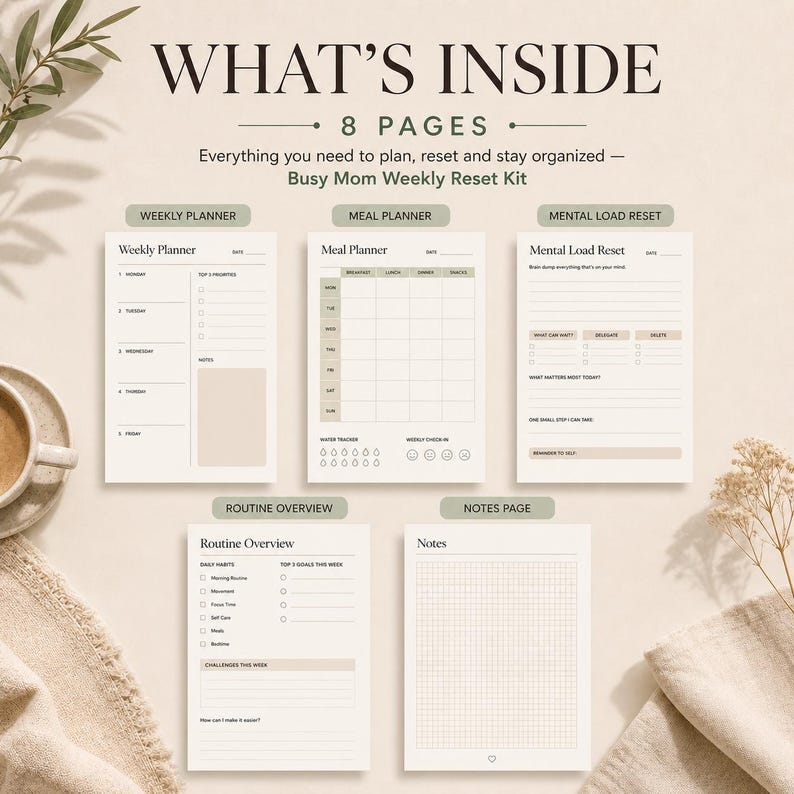 May include: A beige weekly planner, meal planner, and mental load reset kit. The kit includes 8 pages with sections for daily habits, notes, and routine overview. The text "WHAT'S INSIDE" and "Busy Mom Weekly Reset Kit" are visible.