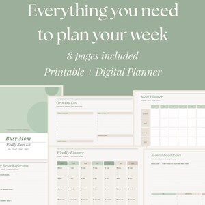 May include: A digital planner with a green and beige color scheme. The planner includes a grocery list, meal planner, weekly planner, and mental load reset. The text on the image reads "Everything you need to plan your week."
