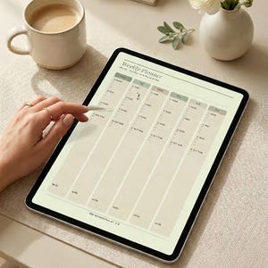 May include: A digital weekly planner displayed on a tablet with a stylus. The screen shows a grid layout with days of the week and time slots. A hand is using the stylus on the screen. A mug of coffee, glasses, books, and flowers are also on the table.