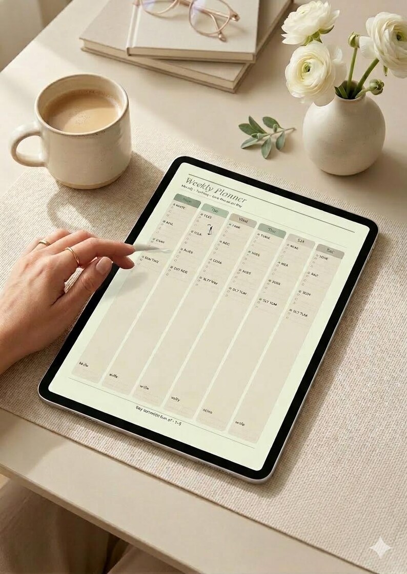 May include: A digital weekly planner displayed on a tablet with a stylus. The screen shows a grid layout with days of the week and time slots. A hand is using the stylus on the screen. A mug of coffee, glasses, books, and flowers are also on the table.